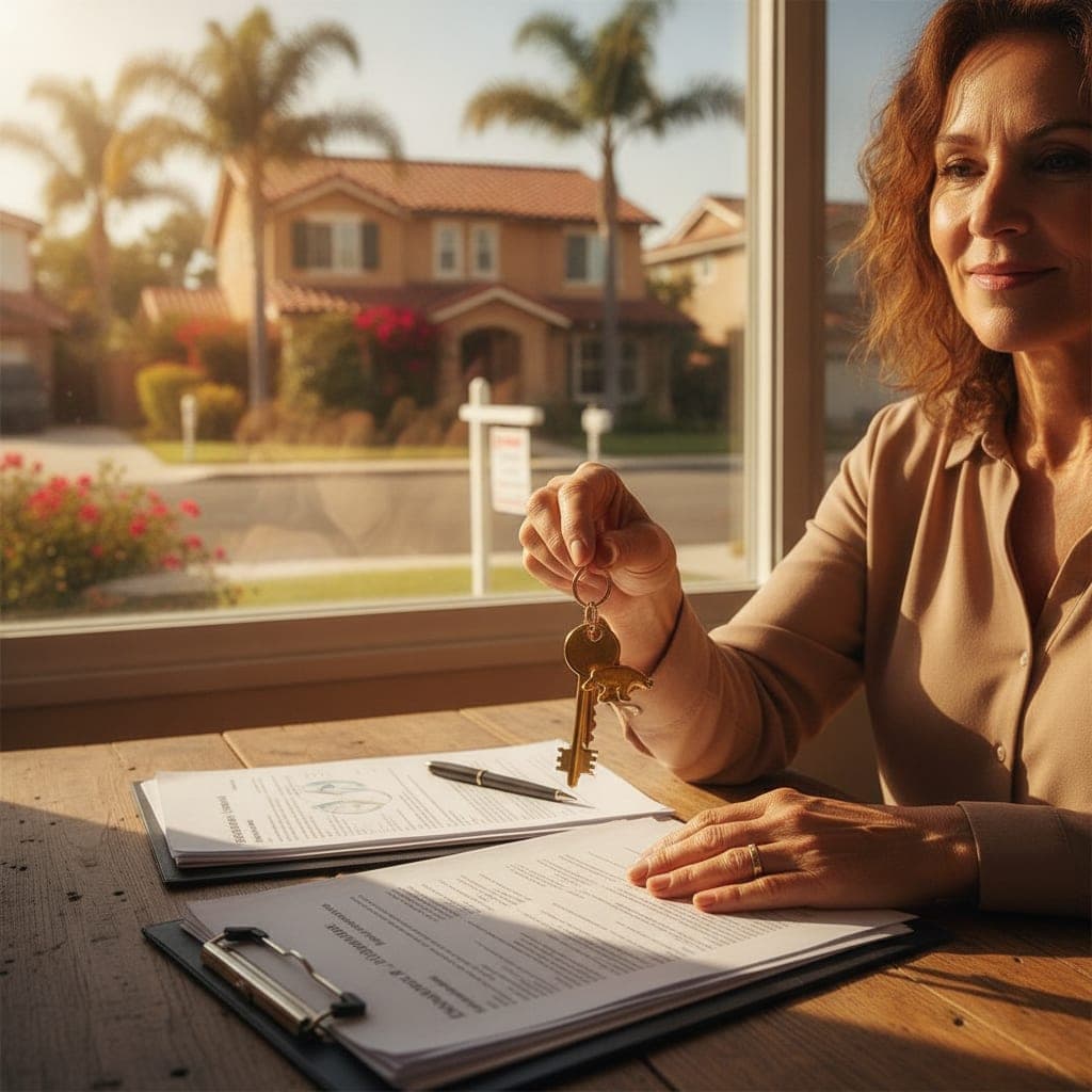 A real estate agent posting a sold sticker on a sign in front of a house