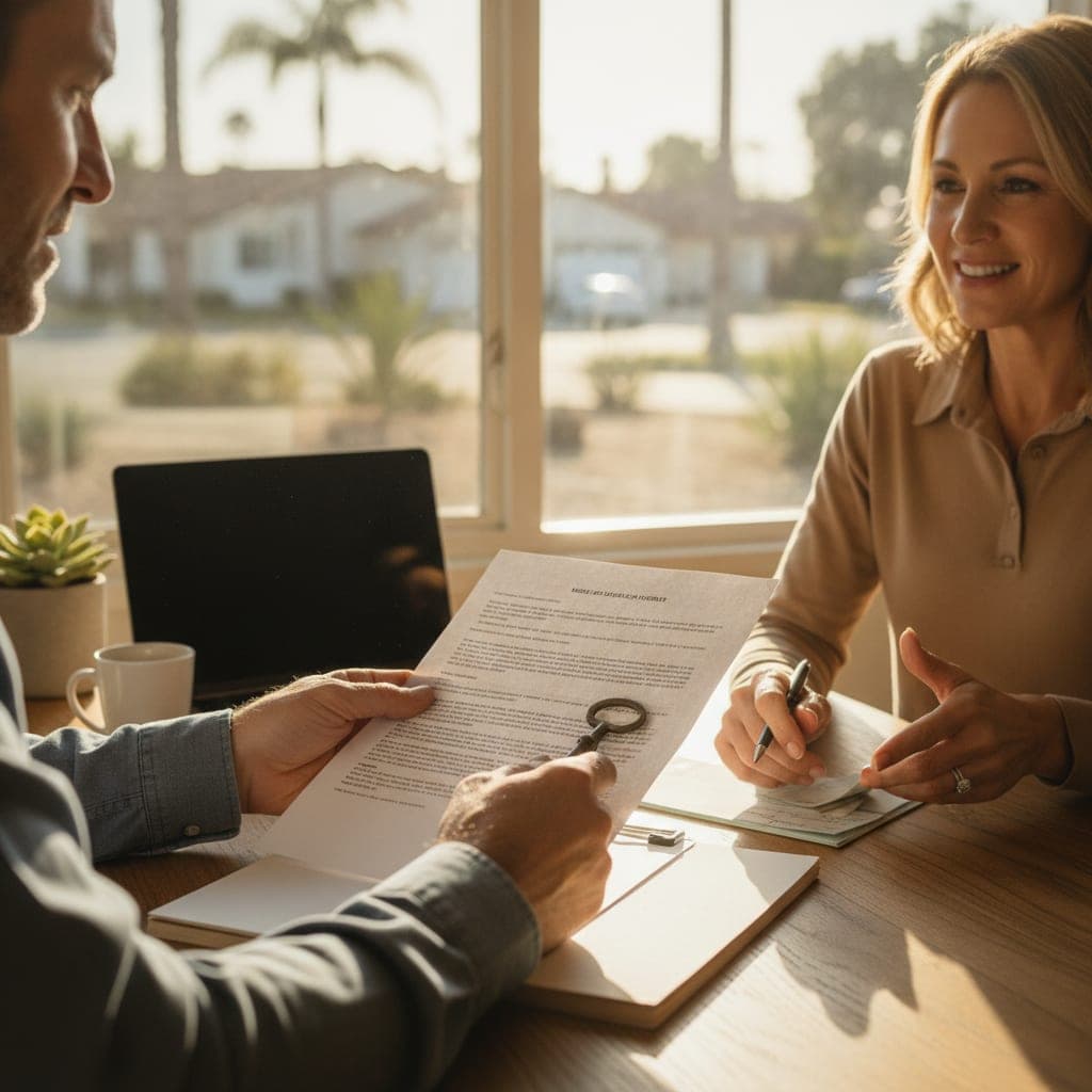 A person signing a property deed document on a desk