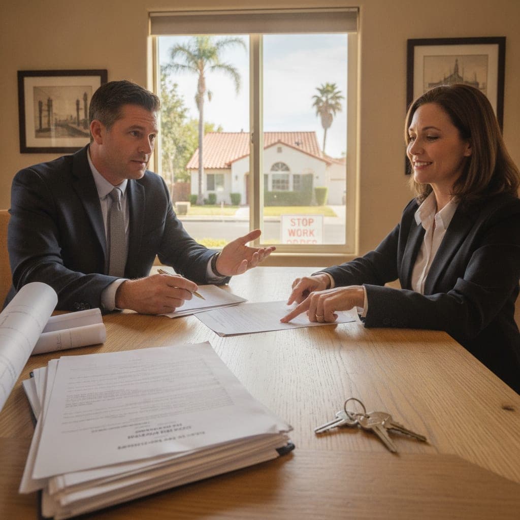 Hands about to sign a real estate document for a code-violation property