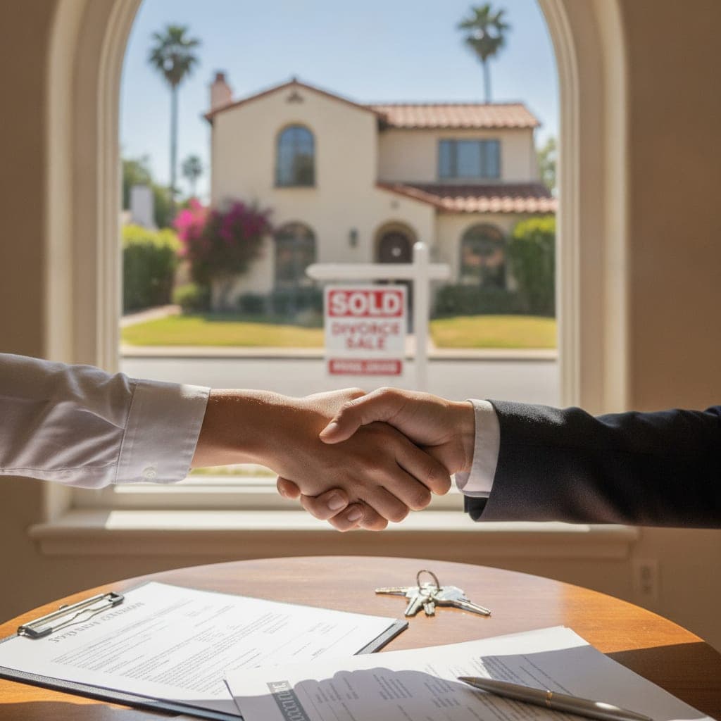 An agent placing a for-sale sign outside a home being sold during a divorce