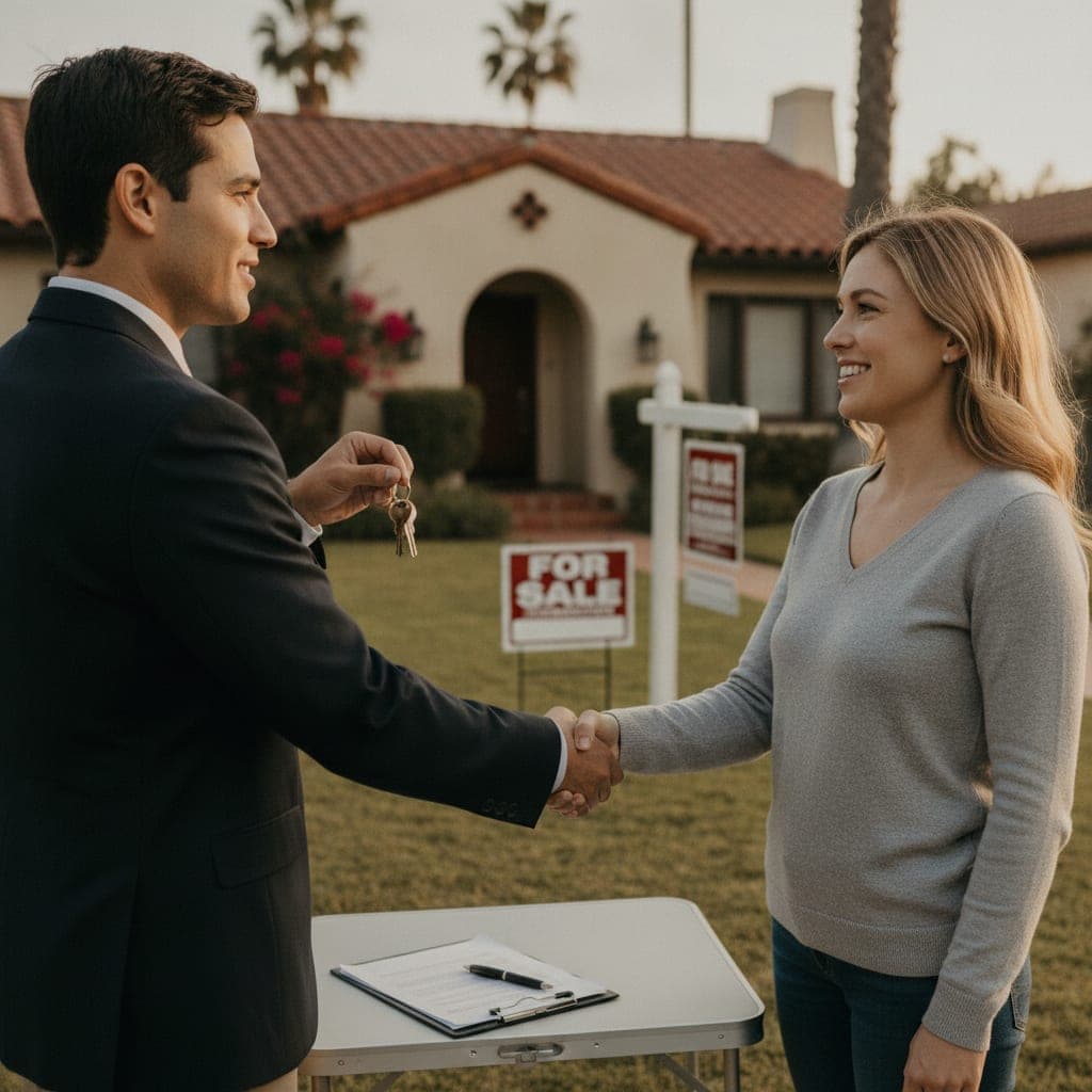 Two people in dress shirts standing in front of a house discussing a property matter